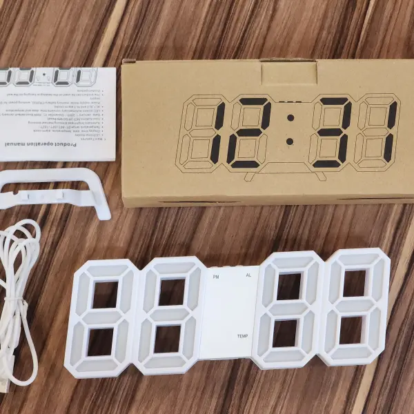 3D LED Digital Clock – Wall & Table Mountable, Auto Brightness Adjustment, Illuminated Alarm Clock (White x White)