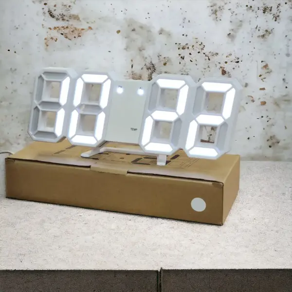 3D LED Digital Clock – Wall & Table Mountable, Auto Brightness Adjustment, Illuminated Alarm Clock (White x White)