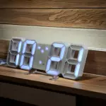 3D LED Digital Clock – Wall & Table Mountable, Auto Brightness Adjustment, Illuminated Alarm Clock (White x White)