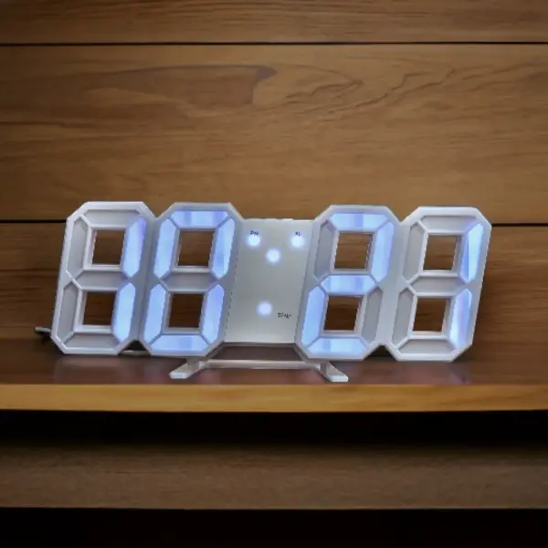 3D LED Digital Clock – Wall & Table Mountable, Auto Brightness Adjustment, Illuminated Alarm Clock (White x White)