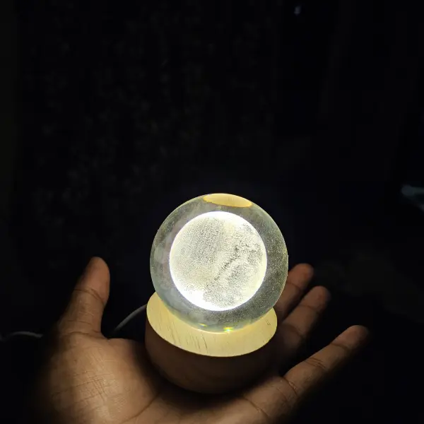 3D Moon Crystal Ball Night Lamp with Wooden Base – LED USB Rechargeable, Multicolor Decorative Night Light, Perfect Gift for Men, Women, Kids, and Teens